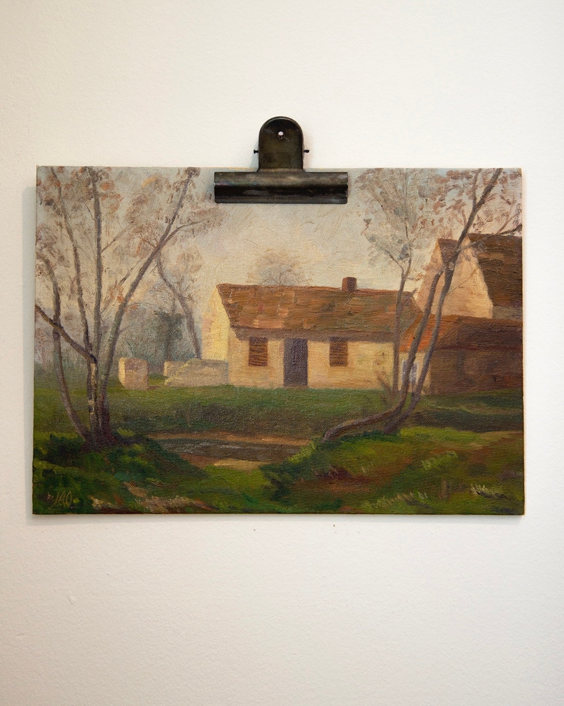 Farmhouse with Thatched Roof, Vintage oil on board