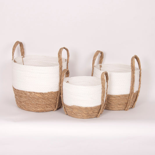 Set of 3 White/ Natural Straw Baskets