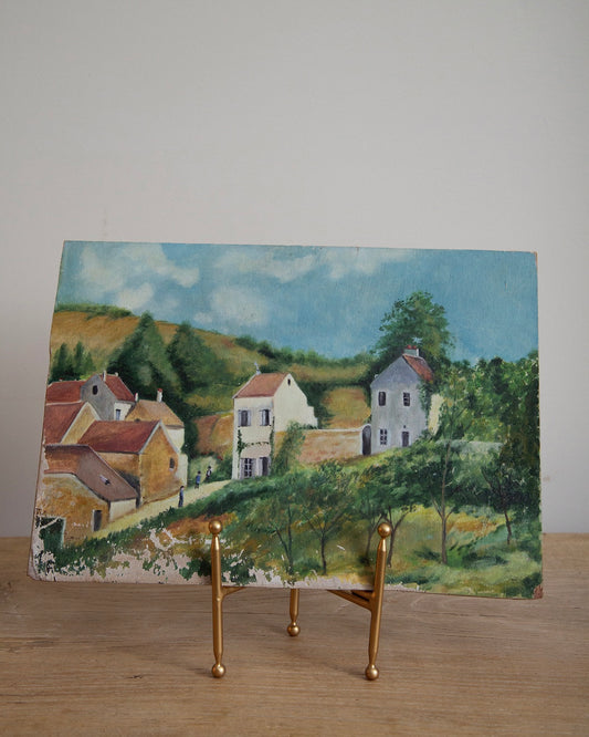 ‘Vue de Village’ Vintage French Painting on Gold Stand