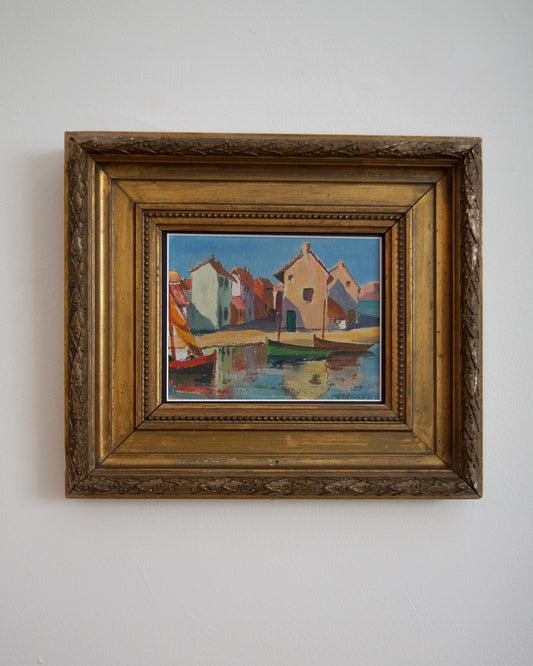 'Village de Pêcheurs' Vintage French Painting